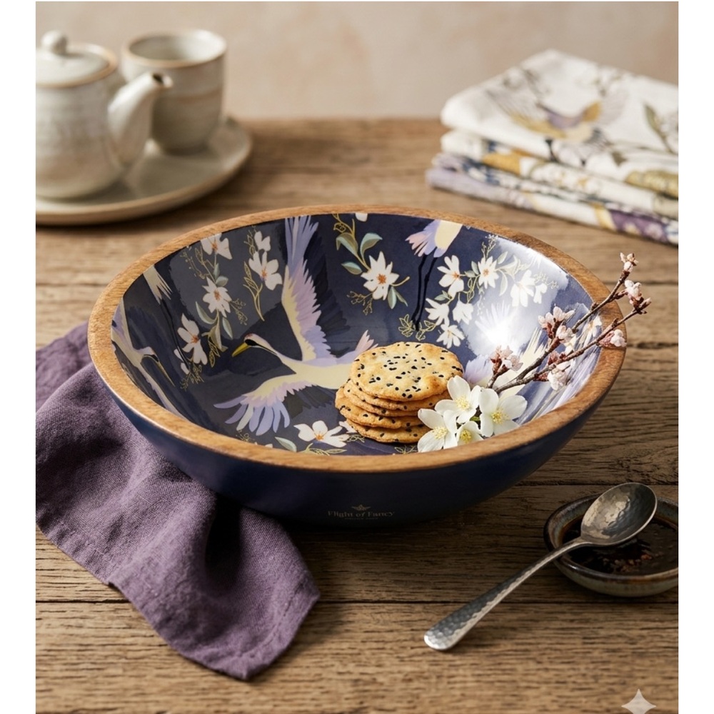 Japandi Navy Crane Floral Enameled Mango Wood Serving Bowl 3x7”